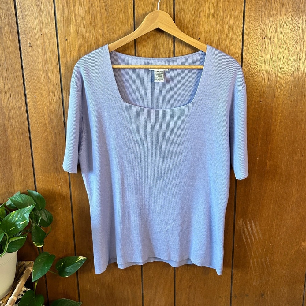 Vintage Yarnworks‎ Womens Purple Ribbed Square Neck Short Sleeve Top Cottagecore
